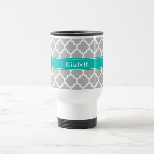 Mug De Voyage Gris Blanc Marocain #5 Nom Turquoise Monogramme (Centre)