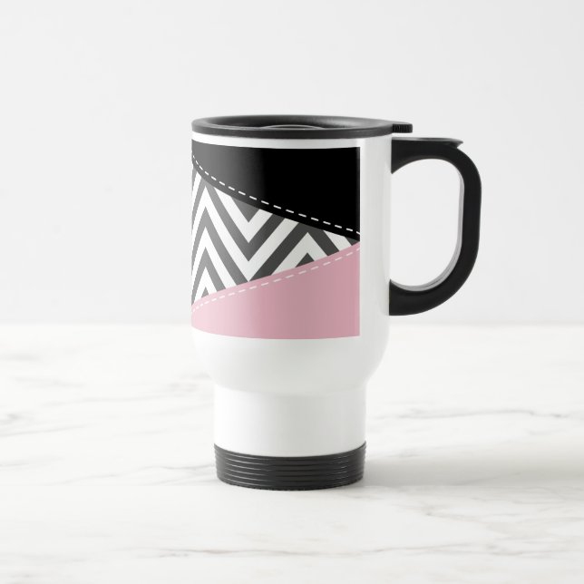 Mug De Voyage Gris Zigzag, Gris Chevron, Motif Zigzag, Rose (Droite)