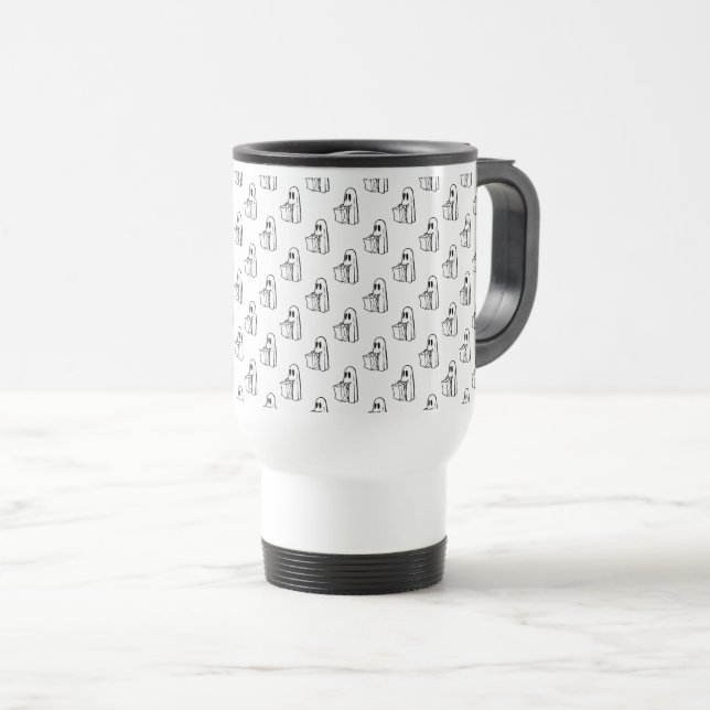 Mug De Voyage Halloween, Fantôme Blanc Mignon, Des Friandises ou (Devant droit)