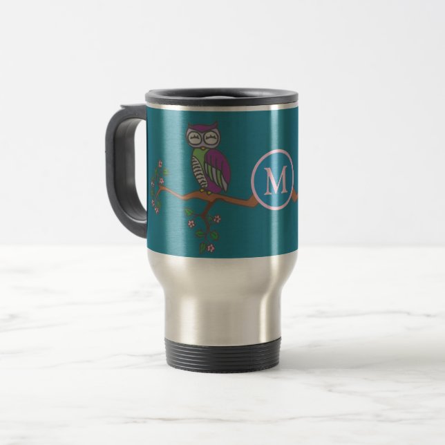 Mug De Voyage Hibou au monogramme d'illustration de nuit (Devant gauche)