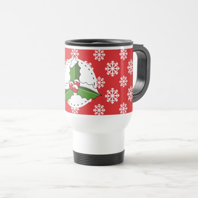 Mug De Voyage Holly Berry on Red White Snowflakes (Devant droit)