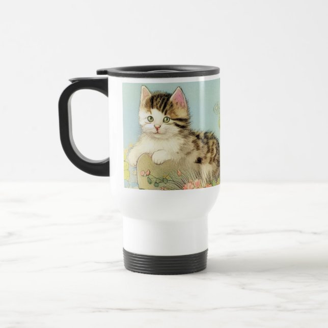 Mug De Voyage Illustration vintage de chat avec fleurs roses (Gauche)