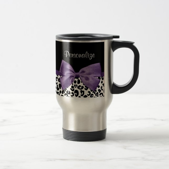 Mug De Voyage Jeune Empreinte de léopard, Joli Ruban Violet, Nom (Droit)