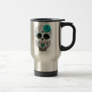 Mug De Voyage Jour turquoise mignon du hibou mort de crâne de