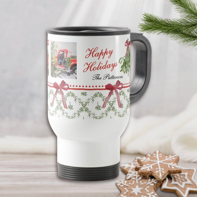Mug De Voyage Joyeuses vacances Mistletoe Red Bow Family Photo (Créateur téléchargé)