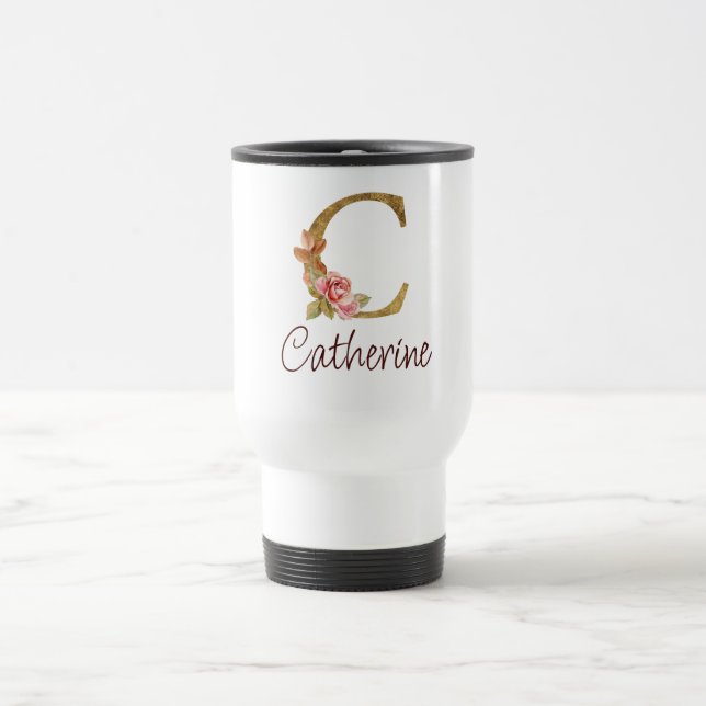 MUG DE VOYAGE LETTRE C D'HUILE D'OR ROUGE ROSE BLANCHE (Centre)