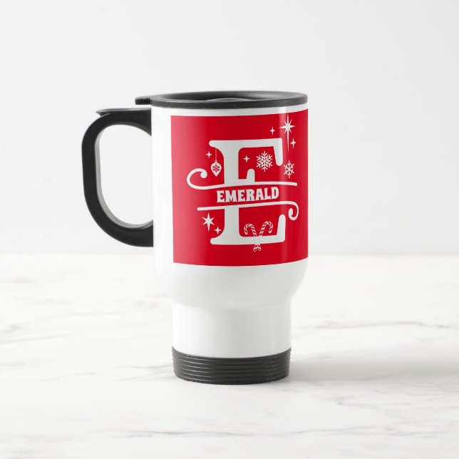 Mug De Voyage Lettre E Noël Monogramme Nom initial Rouge (Gauche)