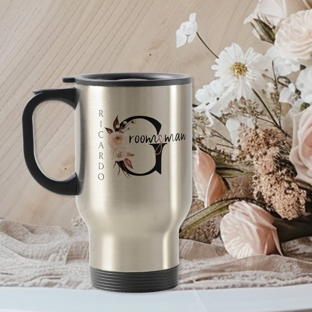 Mug De Voyage LETTRE Florale BOHO GROOMsman (Personalized Groomsman travel mug with boho floral letters)