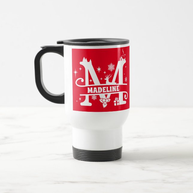 Mug De Voyage Lettre M Noël Monogramme Nom initial Rouge (Gauche)