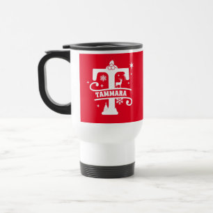 Mug De Voyage Lettre T Noël Monogramme Nom initial Rouge