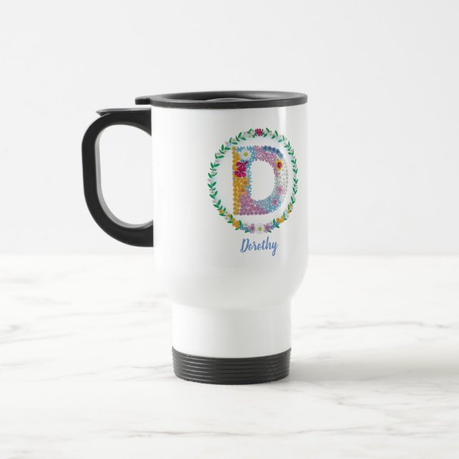 Mug De Voyage Lettres de fleurs Initiale "D" avec nom personnali (Gauche)