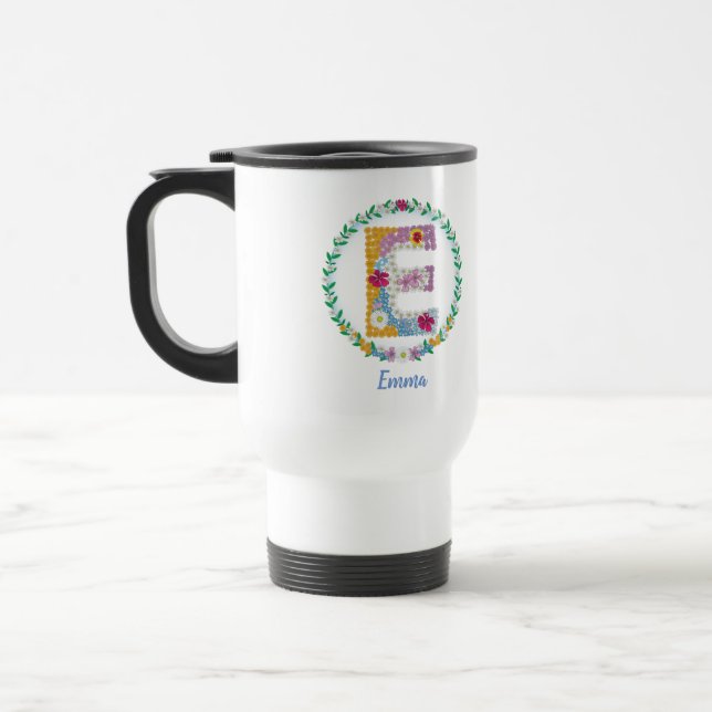 Mug De Voyage Lettres de fleurs Initiale "E" avec nom personnali (Gauche)