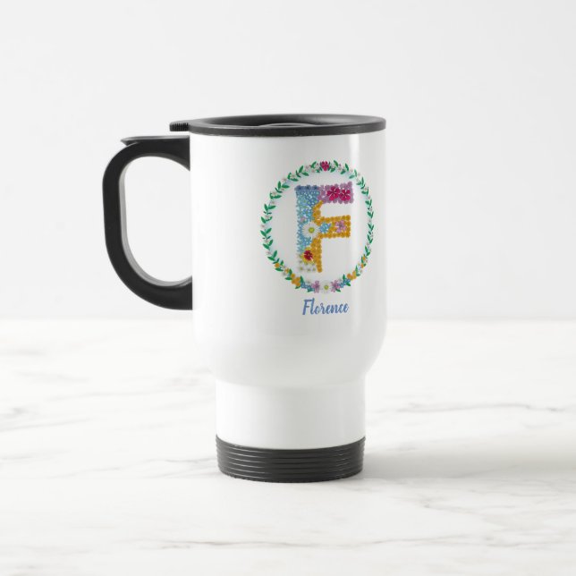 Mug De Voyage Lettres de fleurs Initiale "F" avec nom personnali (Gauche)