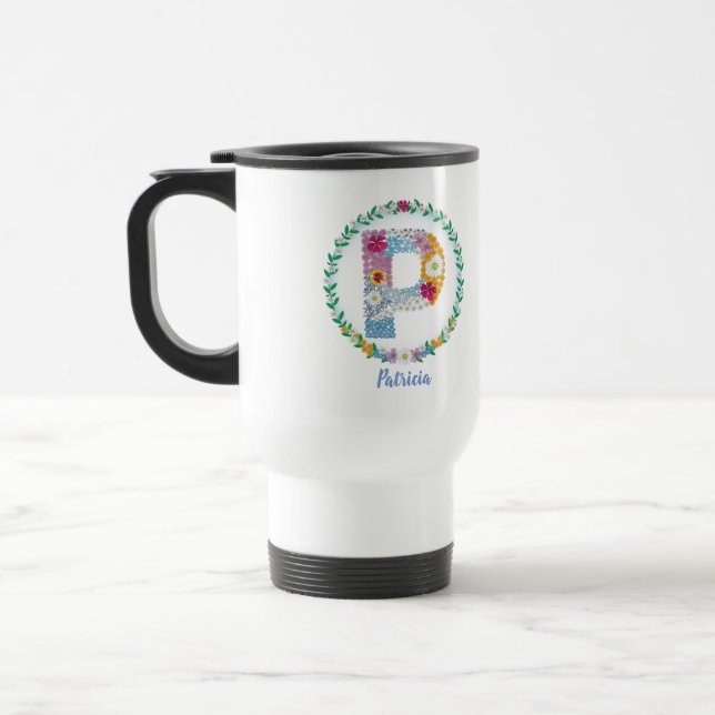 Mug De Voyage Lettres de fleurs Initiale "P" avec nom personnali (Gauche)