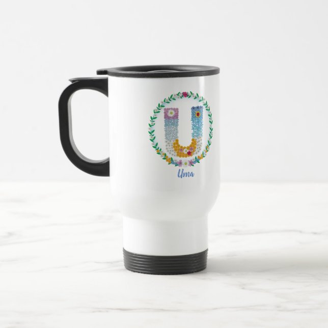 Mug De Voyage Lettres de fleurs Initiale "U" avec nom personnali (Gauche)