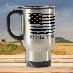 Mug De Voyage Ligne Bleue Mince - Drapeau Américain USA - Police