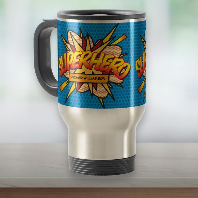 Mug De Voyage Livre de bande dessinée personnalisée SUPERHERO (Personalized Comic Book SUPERHERO Travel Mug)