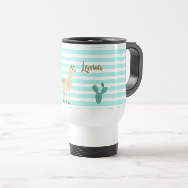 Mug De Voyage Llama et cactus sur bandes vertes et blanches (Devant droit)