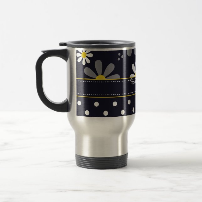 Mug De Voyage Marguerites Girly et pois de mod avec le nom (Gauche)