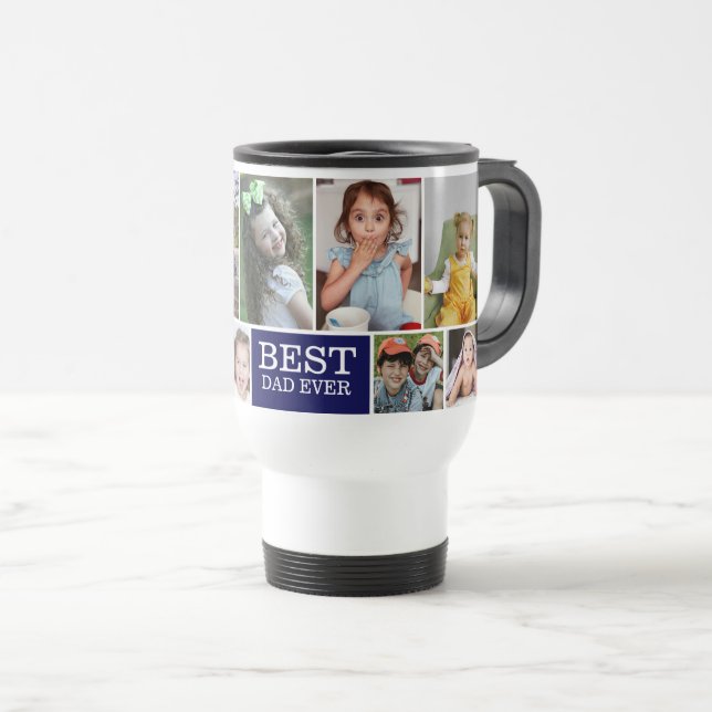 Mug De Voyage Meilleur papa Ever Navy 10 Photo Collage Bleu (Devant droit)