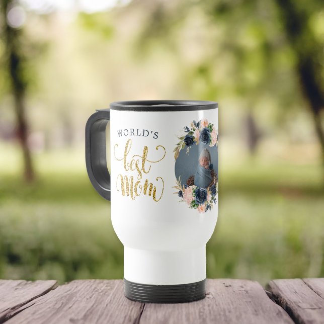 Mug De Voyage Meilleure maman marine rose florale photo botaniqu (Give your mom the world's best mom mug featuring a place for a photo with botanical floral)