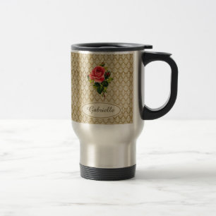 Mug De Voyage Modèle vintage or Damask Rose rose et nom