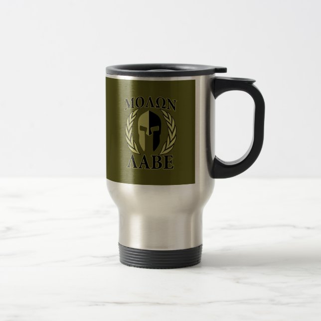 Mug De Voyage Molon Labe Laurels en Masque Spartiate Vert olive (Droit)