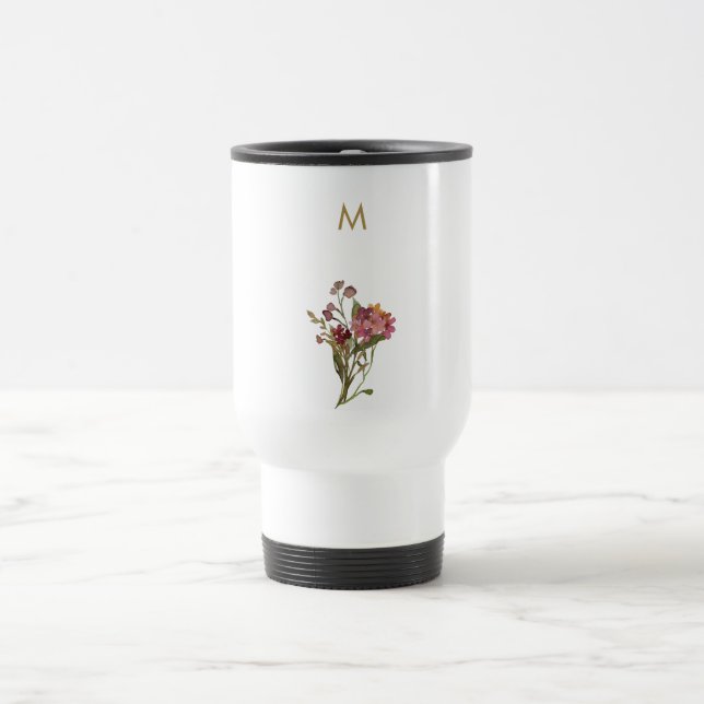 Mug De Voyage Monogramme d'aquarelle florale rose-bourgogne mode (Centre)