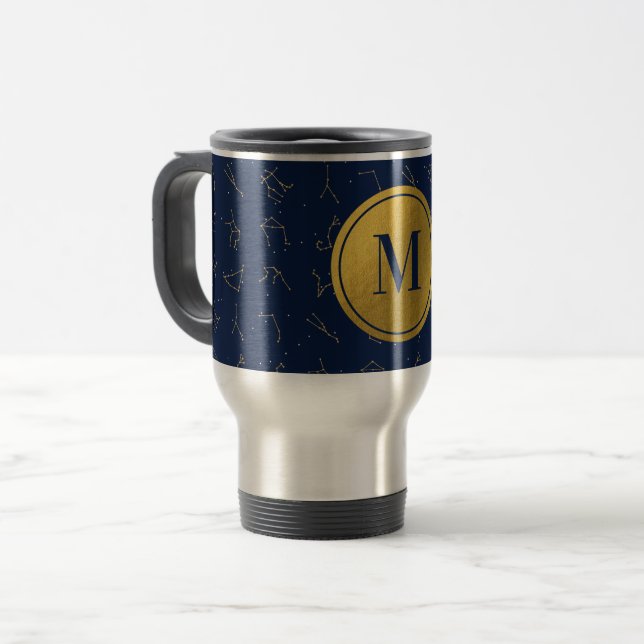 Mug De Voyage Monogramme de constellations de Zodiac bleu or et  (Devant gauche)