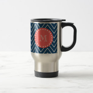 Mug De Voyage Monogramme de corail du motif   de Chevron de bleu