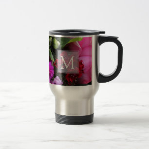 Mug De Voyage Monogramme de fleurs roses et violettes