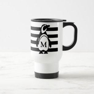 Mug De Voyage Monogramme de pingouin noir et blanc et rayures