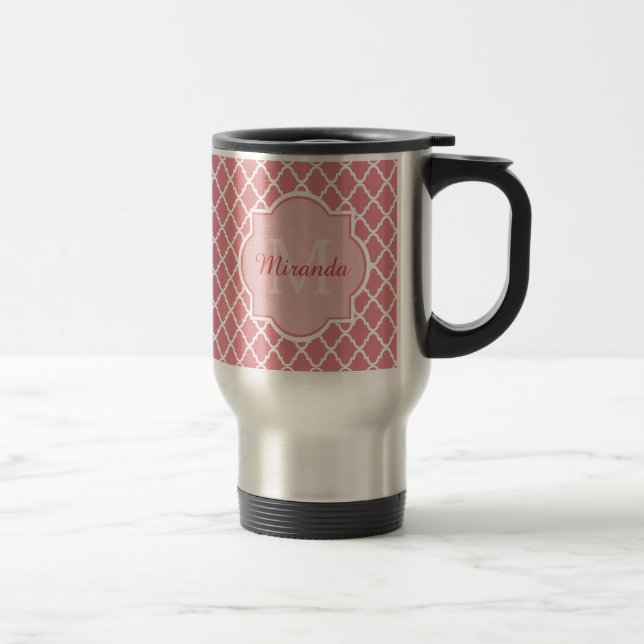 Mug De Voyage Monogramme de Quatrefoil Rose Chic Avec Nom (Droit)