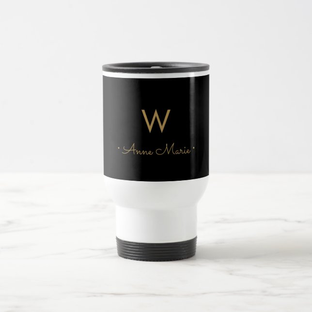 Mug De Voyage Monogramme de script Black Gold moderne (Centre)