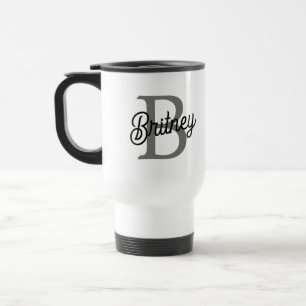 Mug De Voyage Monogramme moderne élégant Nom noir Gris noir Scri