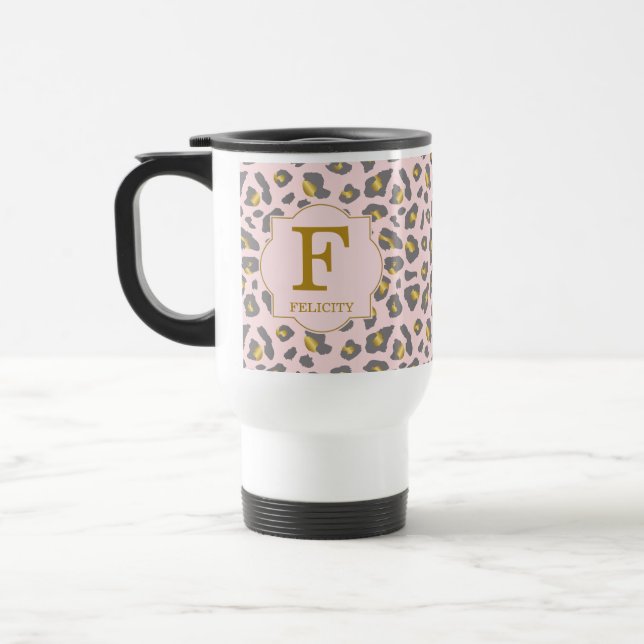 Mug De Voyage Monogramme Motif Léopard Rose Or Moderne (Gauche)