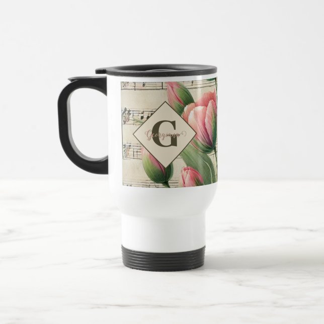 Mug De Voyage Monogramme Pink & Green Vintage Tulips Partition M (Gauche)
