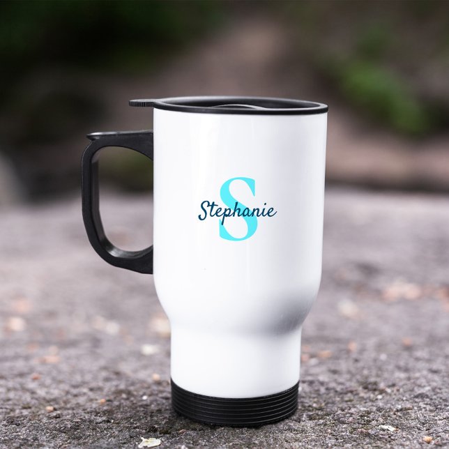 Mug De Voyage Monogramme simple et élégant Nom Aqua Blue (Créateur téléchargé)