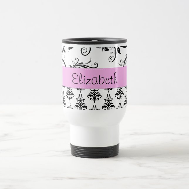 Mug De Voyage Motif Damas, Damas noir et blanc, Votre nom (Centre)
