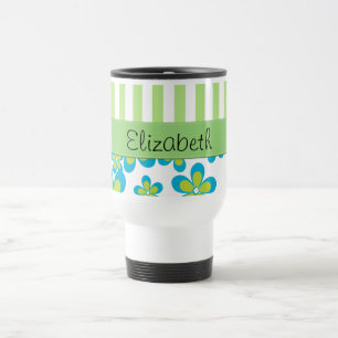 Mug De Voyage Motif De Fleurs, Grandes Vertes, Votre Nom