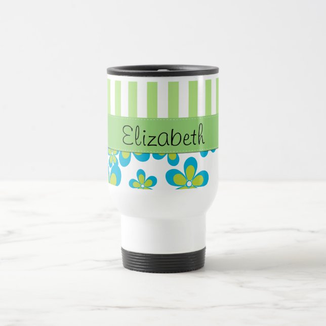 Mug De Voyage Motif De Fleurs, Grandes Vertes, Votre Nom (Centre)