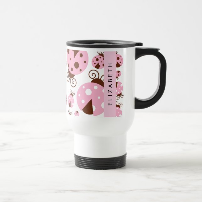 Mug De Voyage Motif De Ladybugs, Ladybugs Rose, Votre Nom (Droite)