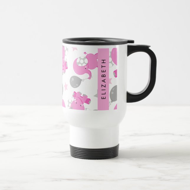 Mug De Voyage Motif Des Eléphants Roses, Étoiles, Votre Nom (Droite)