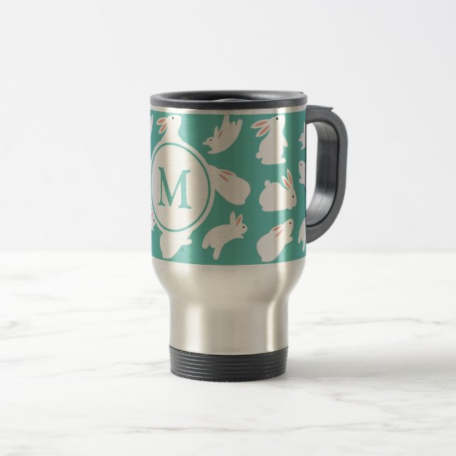 Mug De Voyage Motif lapin mou sur Monogramme Turquoise (Devant droit)