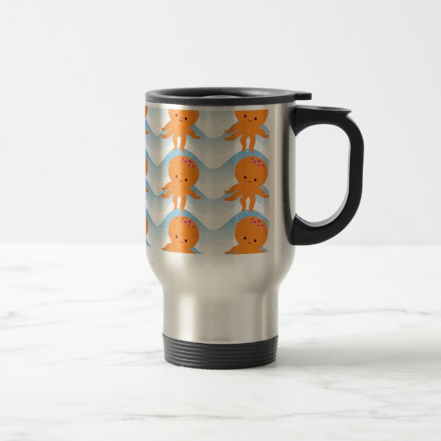 Mug De Voyage Motif Octopus Orange Et Vagues Bleues (Droit)