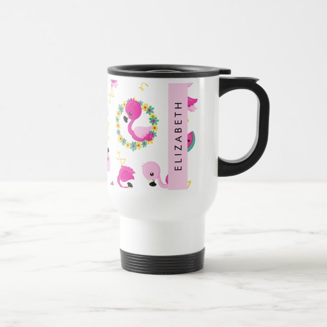 Mug De Voyage Motif tropical, Flamants roses, Fleurs, Votre Nom (Droite)