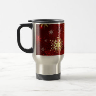 Mug De Voyage Noël Golden Snowflakes sur Arrière - plan rouge