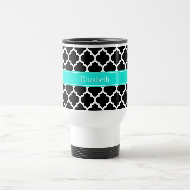Mug De Voyage Noir Blanc Marocain #5 Brt Nom Aqua Monogramme (Centre)