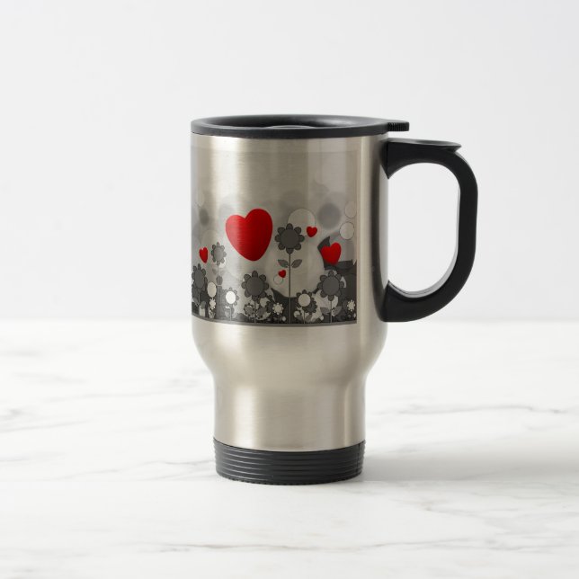 Mug De Voyage Noir/blanc mignon/gris fleurit le coeur de rouge (Droit)
