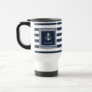 Mug De Voyage Nom du bateau Marine Bleue Bande Ancre nautique